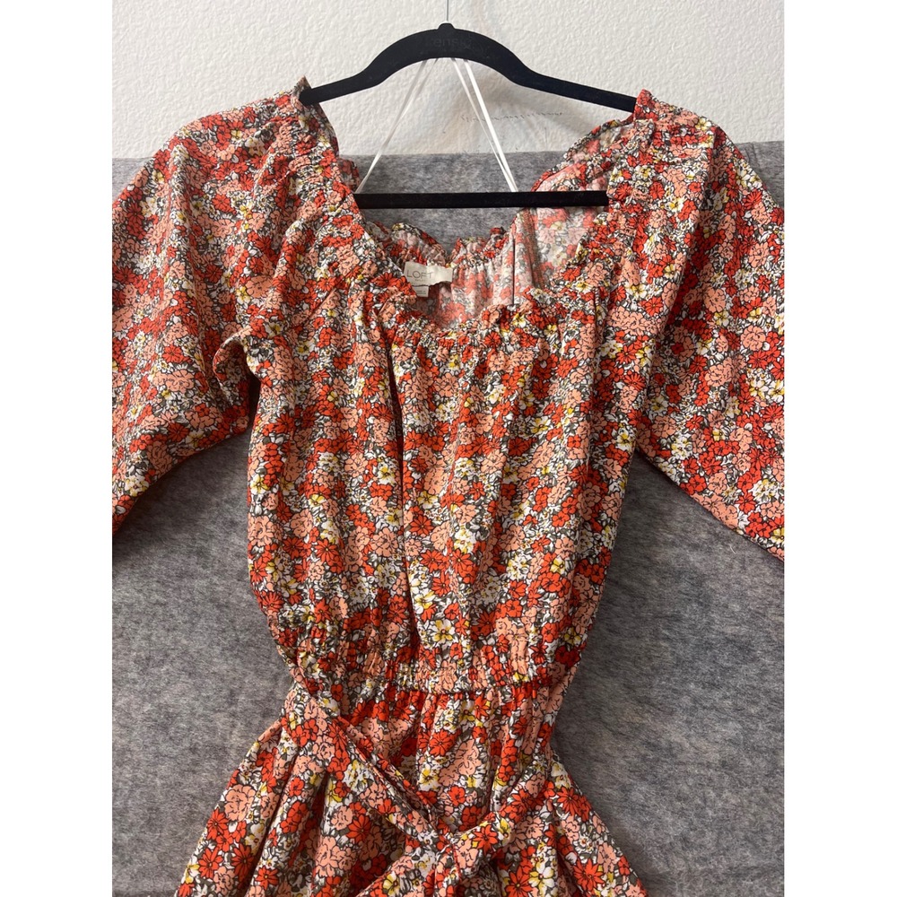 LOFT Outlet Orange Red Floral Long Sleeve Mini Dress Belted Size 2 - Picture 5 of 15